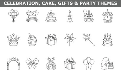 Birthday party themed illustrations cakes gifts balloons other celebratory objects