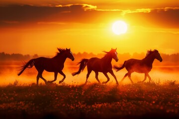 Three horses running in a dusty field with a beautiful sunset in the background