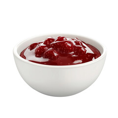 White ceramic bowl filled with sweet and tangy strawberry jam on transparent background