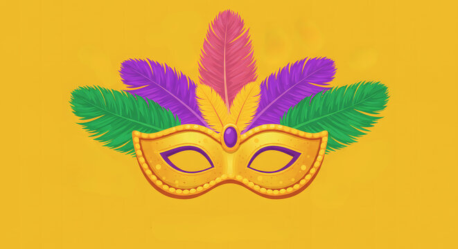 Golden mardi gras masquerade mask with colorful feathers isolated on transparent background