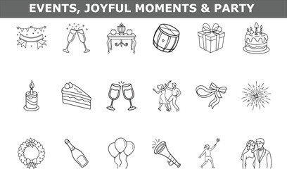 Line art celebration icons including cake champagne balloons gift dancing couple