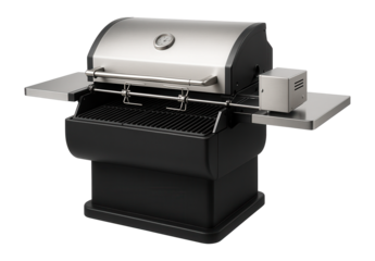Large outdoor electric grill with a rotisserie attachment, designed for even roasting of whole chickens in a suburban backyard.