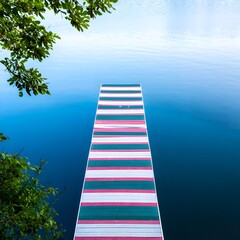 Aerial view of colorful striped dock over calm blue water lake summer vacation scene