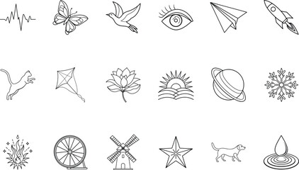 Line art icons butterfly bird eye paper airplane rocket cat kite flower sun planet snowflake fire wheel