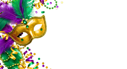 Mardi gras mask feathers beads confetti and ribbons isolated on transparent background