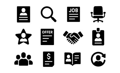 Business and office icons: minimalist black silhouettes for job and employment themes