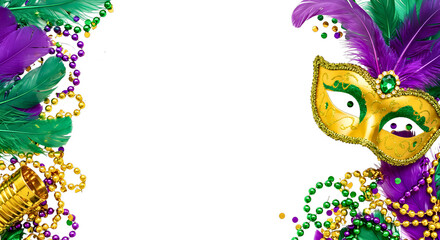 Mardi gras mask and beads border with feathers isolated on transparent background