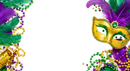 Mardi gras mask and beads border with feathers isolated on transparent background