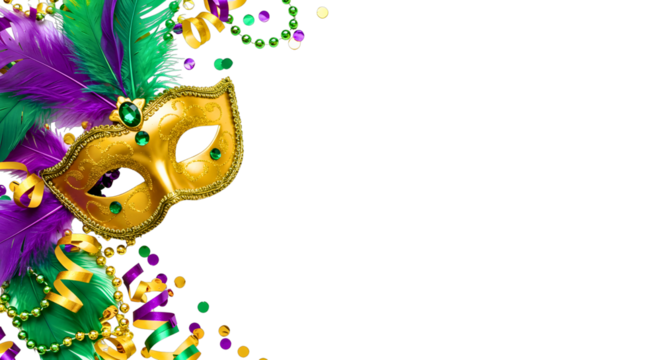 Mardi gras mask feathers beads confetti and ribbons isolated on transparent background