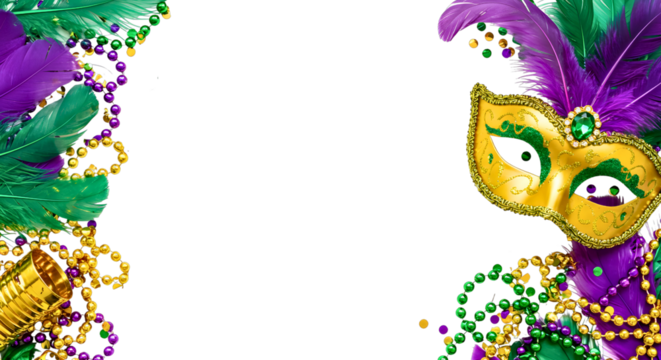 Mardi gras mask and beads border with feathers isolated on transparent background