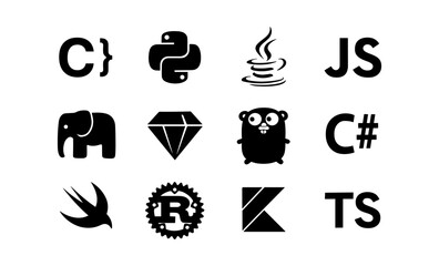 Popular programming language icons in modern black silhouette style