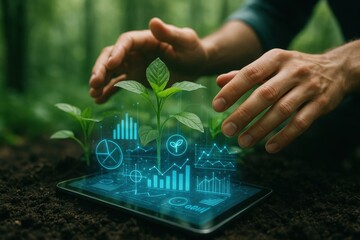 Nurturing Digital Growth: A close-up shot captures hands gently cradling small sprouts, hovering over a tablet displaying digital data visualization.