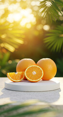 Fresh oranges and slices displayed on a white platform with a sunny, tropical background