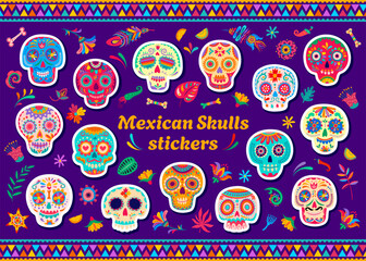 Day of the dead Mexican calavera skulls stickers pack. Mexican Dia de los Muertos holiday, Day of Dead celebration calavera sugar skulls with colorful floral ornaments vector stickers or patches set