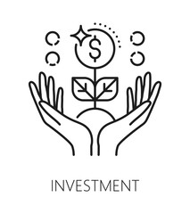 investment business line icon or outline emblem. Finance capital fund vector symbol, investment service icon. Venture company sign or passive income pictogram with money tree growing in woman hands