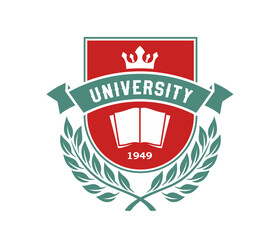 State university icon, classic emblem, school crest with an open book, laurel wreath, crown, and established date, symbolizing academic excellence, education, tradition and institutional prestige