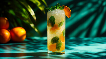 Tall citrus mojito packed with crushed ice and mint leaves sits in sunlight; citrus slices and icy texture highlight refreshing mojito with tropical summer ambiance