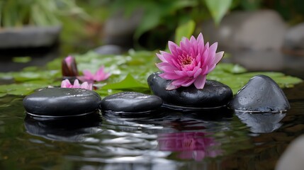 Tranquil water lily on calm pond with smooth stones and lush greenery in serene environment