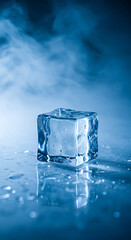 A single ice cube glistens with water droplets under cool blue lighting and atmospheric smoke