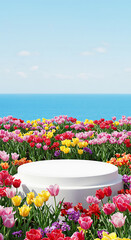 A white podium stands amidst a vibrant field of colorful tulips under a clear blue sky
