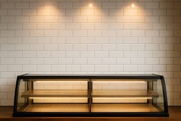 Empty bakery display case against a clean tiled wall. Warm lights illuminate the modern commercial equipment.