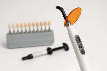 Essential dental tools, including curing light and tooth shade guide. Modern dentistry equipment for professional tooth care.