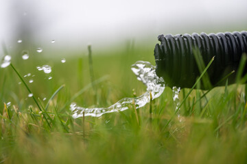Residential sump pump drain line discharging water into grass yard after a rainstorm 
