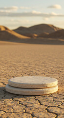 A stark desert landscape with cracked earth and rolling sand dunes, featuring a stone podium under a warm sunset sky