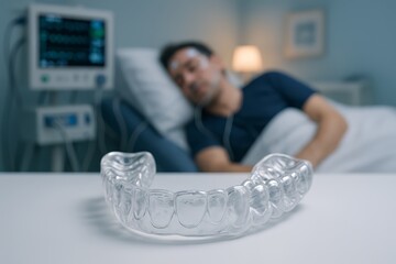 Patient undergoing sleep study, with dental splint nearby. Essential for clear aligner therapy.