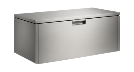 Cushion storage box for a modern terrace, built from stainless steel with a minimalist aesthetic and a sliding cover.