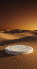 A solitary stone podium rests on rippled sand dunes in a vast desert landscape during the golden hour of sunset