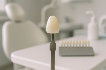 Dental shade guide for precise tooth color selection in a clinic setting. Perfect for cosmetic dentistry decisions.