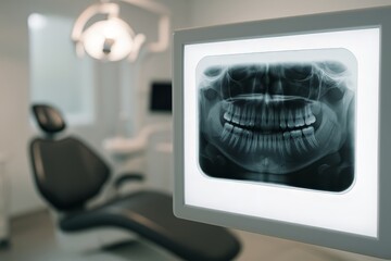 Dental X-ray displayed in modern dentist's office with chair. Focus on technology in healthcare.