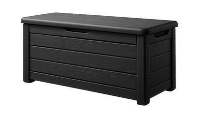 A resin storage bench with an internal compartment, offering hidden storage for tools on a residential deck.