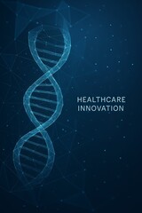 Digital DNA helix pattern on dark blue background. Healthcare innovation concept with glowing text and network lines.