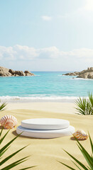 A tranquil beach scene with a white display platform surrounded by sand, shells, and palm leaves
