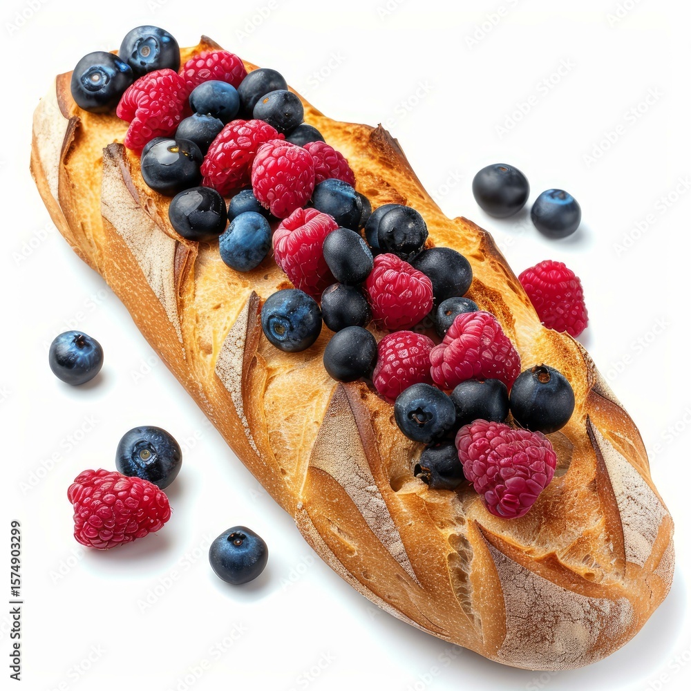 Poster crusty baguette displaying a colorful mix of fresh raspberries and blueberries, creating a delicious