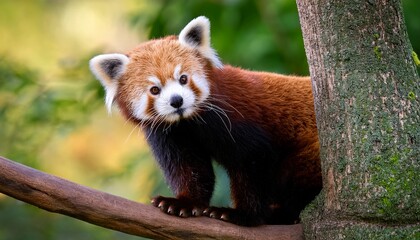 curious red panda with reddish fur and fluffy tail perched on a tree branch surrounded by lush green forest background