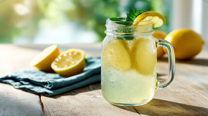 Iced lemonade in mason jar with lemon slices and mint garnish on wooden table; lemonade looks fresh and vibrant as lemonade shines in warm daylight with soft bokeh and rustic summer concept