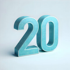 A 3D number 20 in bright turquoise with glittery finish and silver metallic edges, clean white background, photorealistic style