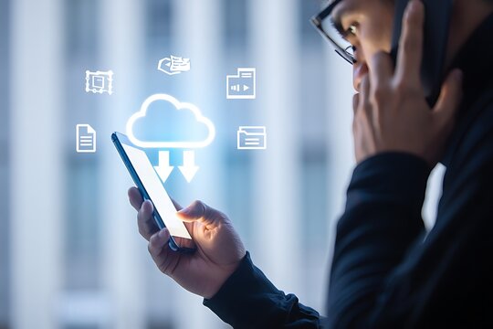 Person on phone using smartphone with cloud computing icons and data transfer symbols for digital information and technology concepts