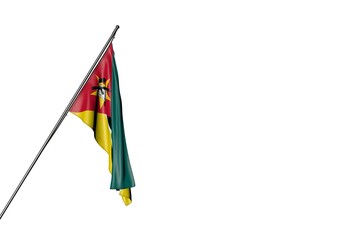 wonderful Mozambique flag hanging on a in corner pole isolated on white - any holiday flag 3d illustration