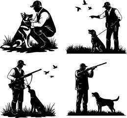 Hunter and Gundog Bird Hunting Silhouette Set - Vector Illustrations.
