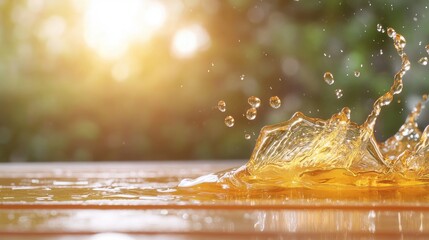 Splash of amber liquid on a wooden surface