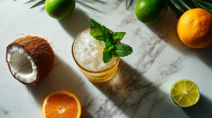 Refreshing tropical cocktail with ice cubes and mint leaves in glass placed on marble surface with coconut lime orange and green leaves for vibrant summer mood and fresh drink concept