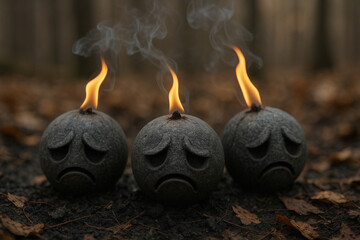 Three sad faces carved into dark stones with flames and smoke rising