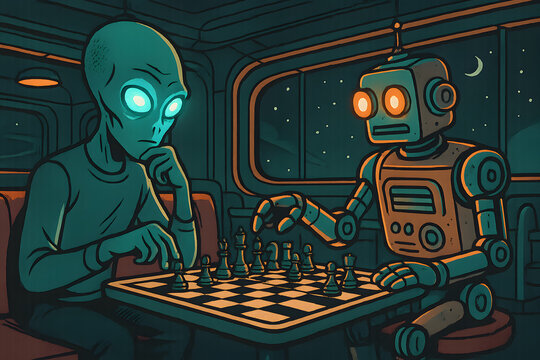 Alien Playing Chess with Retro Robot in Space Diner at Night with Crescent Moon and Glowing Eyes. Sci Fi Comic Style Illustration