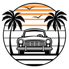 Vintage Car Sunset Palm Trees Ocean Vibes Summer Apparel