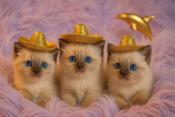 Three adorable fluffy kittens wearing sparkly gold cowboy hats on a pink background