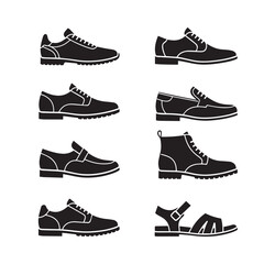 Collection of black and white silhouette icons representing different styles of mens footwear